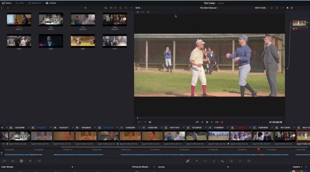 DaVinci Resolve Color page with gallery, viewer, and clip rail